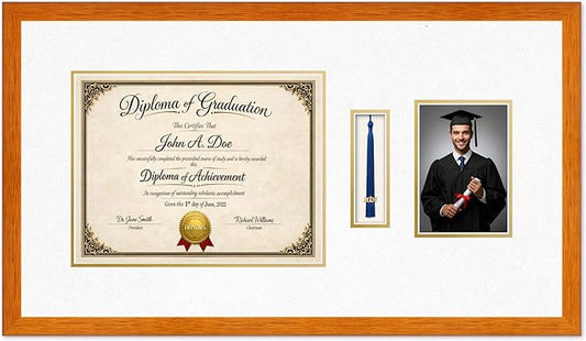 Diploma Tassel and Photo Frame Honey Oak Shadowbox Oyster Shell Over Gold Mat - Fits 13 x 10 Degree Picture Made in the USA