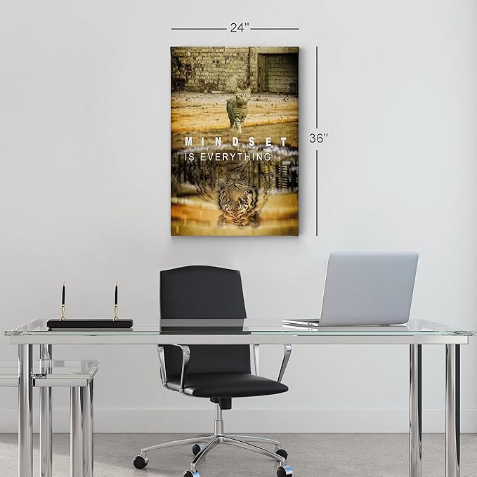 Smile Art Design Mindset is Everyting Cat and Reflection is Tiger Motivational Wall Art Canvas Print Inspirational Entrepreneur Quote Office Living Room Decor Gift Ready to Hang 40x30