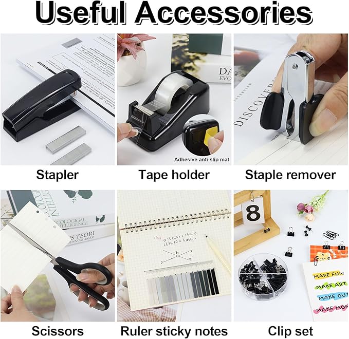 Buqoo Black Office Supplies Set,Black Office Desk Accessories,Desk Drawer Organizer,Stapler and Tape Dispenser Set,Tape,Staple Remover, Staples, Paper Clips, Scissor and Sticky Note