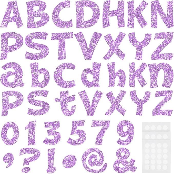 Colarr 216 Pcs Glitter Bulletin Board Letters for Classroom Number Alphabet Punctuation Symbol Cutout 4'' Die-Cut Poster Letter with Adhesive Dot School Party Holiday Decor Display(Violet)