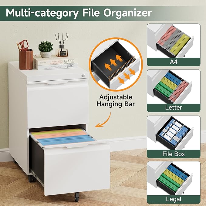 2 Drawer Metal Rolling File Cabinet with Lock, Under Desk Mobile Filing Cabinet for Home Office, Printer Stand with Casters Fits A4/Letter/Legal Size Documents, White