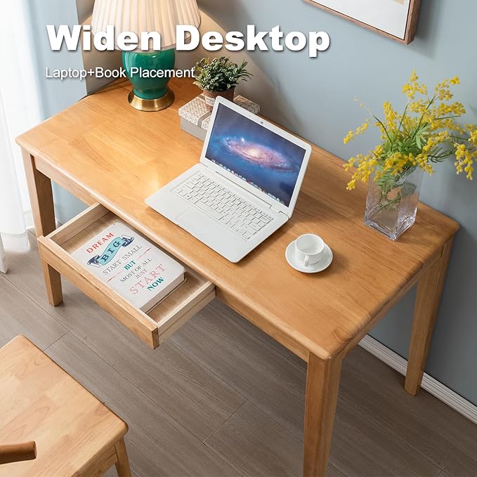 Solid Wood Desk with Drawer, Wooden Home Office Desk for Work, Student Computer Desk for Small Spaces, Gaming Study PC Desk for Bedroom, Easy to Assemble (Teak Color 39 inch)