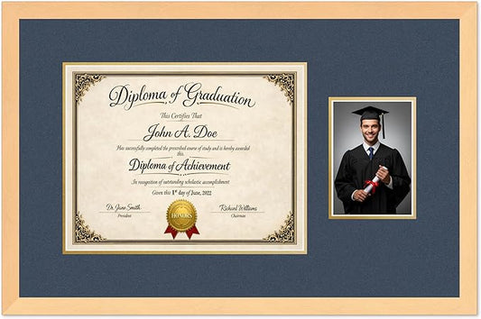 Diploma Frame With Photo Opening Natural Wood Navy Blue Over Gold Mat - Fits 14 x 11 Degree and Picture Made in the USA