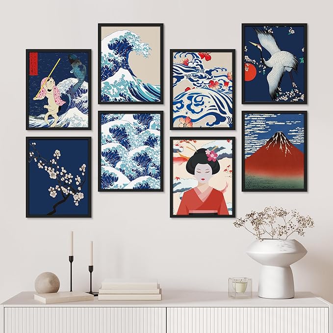 SIGNWIN Framed Poster Bathroom Decor, Wall Art Room Decor Multicolor for Living Room, Bedroom, Office Japanese Great Wave Ukiyo-e Nature Landscapes Vintage Bohemian - 12"x16"x 8 Black
