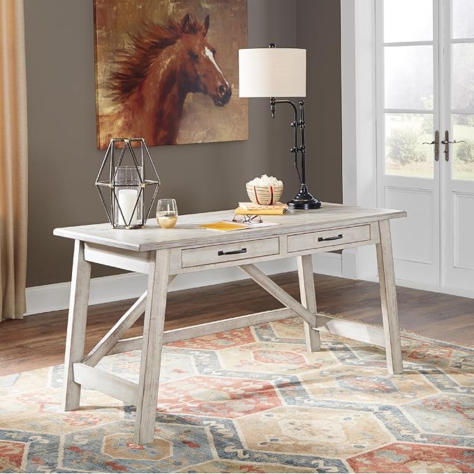 Signature Design by Ashley Carynhurst Farmhouse Large Leg Home Office Desk, 2 Storage Drawers, Vintage Bronze Hardware, Wood, 60.25" Wide, Antique White