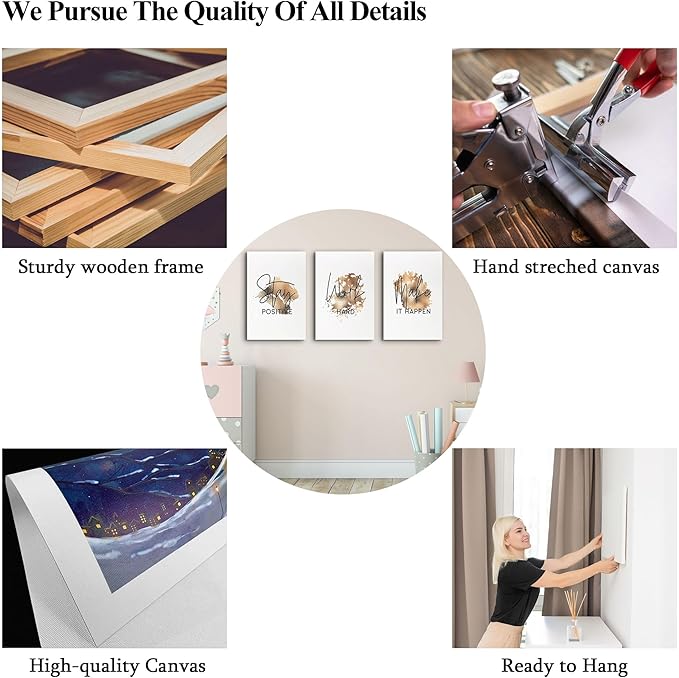 SHMAO Brown Office Canvas Wall Art Motivational Wall Decor, 3 Piece Stay Work Make Print Pictures for Office Wall Decor Women Inspirational Framed Artwork Home Office Decor 12”x18”x3 Panels