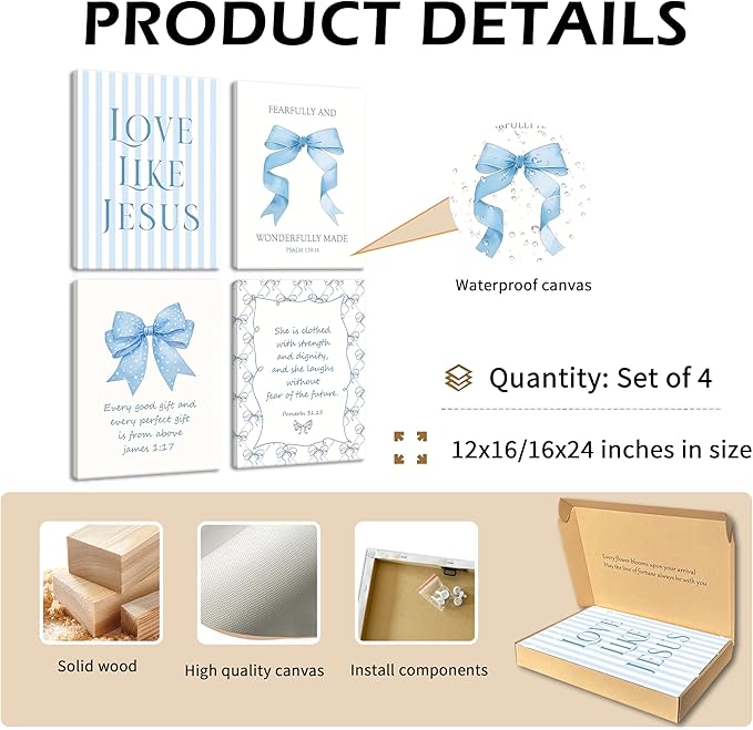 Light Blue Bow Christian Wall Art for Girls Dorm – Coquette Aesthetic Scripture Canvas Prints, Christian Wall Decor for Teen Room, or Bathroom – Framed Cute Spiritual Decor 16x24 inch