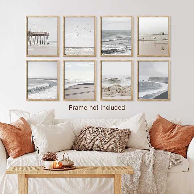 SIGNWIN Poster Wall Art Set of Minimal Ocean Beach Seashore Coastals, White Minimalist California Ocean Beach Seashore Pier Nature Wilderness for Living Room, Bedroom, Office - 12"x16"x 8