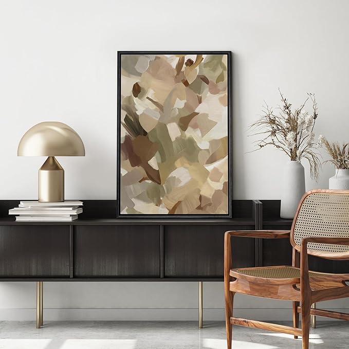 MUDECOR Framed Canvas Print Wall Art Layered Abstract Brushstroke in Natural Shades Illustrations Minimalism Decorative Relax Colorful for Living Room, Bedroom, Office - 16"x24" Black