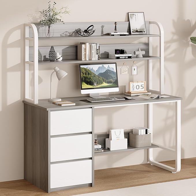 Computer Desk with 3 Drawers, 55 Inch Desk with Hutch for Small Spaces, Study Writing Desk with Shelves for Bedrrom, Adjustable Feet, Grey