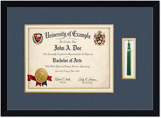 CountryArtHouse Diploma and Tassel Frame Fits 13 x 10 College Diploma (Traditional) with Tas Matte Black Genuine Hardwood Shadowbox with Navy Blue Over Metallic Gold Double mat