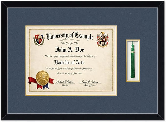 CountryArtHouse Diploma and Tassel Frame Fits 13 x 10 College Diploma (Traditional) with Tas Matte Black Genuine Hardwood Shadowbox with Navy Blue Over Metallic Gold Double mat