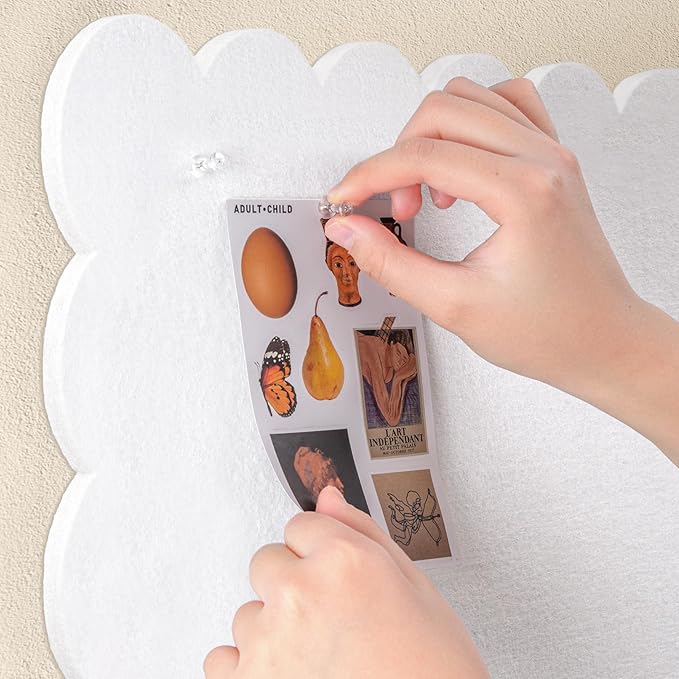 Scalloped Bulletin Board, 24 x 18 Inches Felt Pin Board - Decorative Cork Alternative for Wall, Foldable Picture Self-Adhesive Vision Prayer Board with 20 Pushpins - White