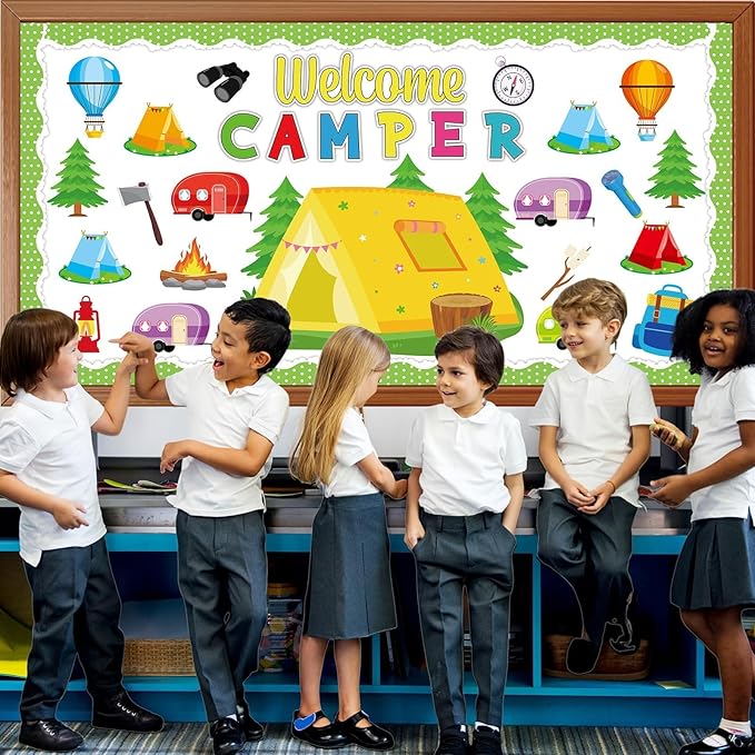 Camping Bulletin Board Set Happy Camper Trim Classroom Border Decorations VBS Tent Vintage Trailers Cutouts Welcome Camper for Back to School Summer Camping Nursery Chalkboard Wall Door Decor