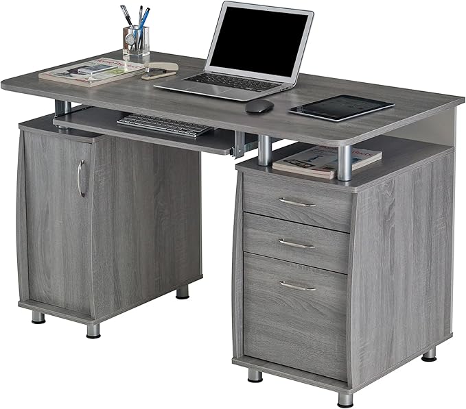 47.5'' Computer Desk with File Cabinet and Drawers, Storage Cabinet with Removable Shelf and Ventilation for CPU, Home Office Desk or Computer Workstation with Keyboard Tray, Grey