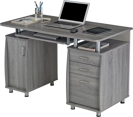 47.5'' Computer Desk with File Cabinet and Drawers, Storage Cabinet with Removable Shelf and Ventilation for CPU, Home Office Desk or Computer Workstation with Keyboard Tray, Grey