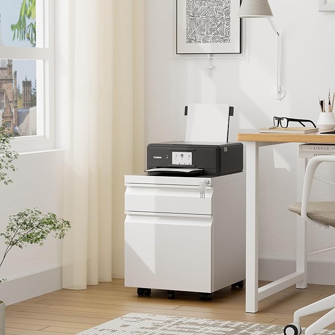 2 Drawers File Cabinet, Metal Filing Cabinet with Lock, Mobile File Cabinet, Fully Assembled Except Casters, for Home Office, for A4, Letter, Legal File Folders, White