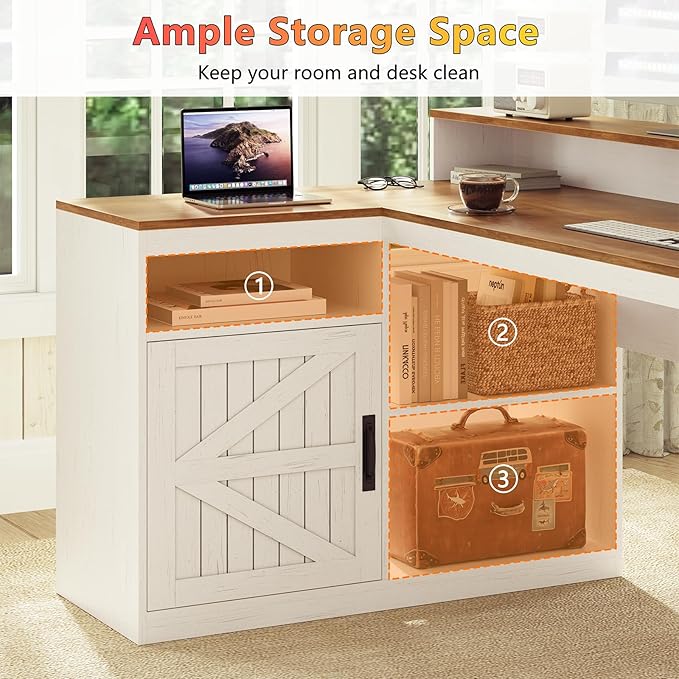 TVU Farmhouse L Shaped Desk with Drawers, 62.2" Home Office Desk with Storage Shelves and Power Outlet, L Shaped Computer Desk with Monitor Stand and Printer Shelf, Brown and White