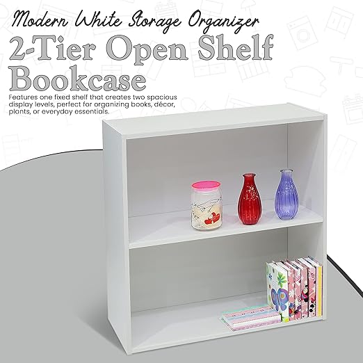 Kings Brand Furniture White Wood 2-Tier Shelf Bookcase Storage Organizer