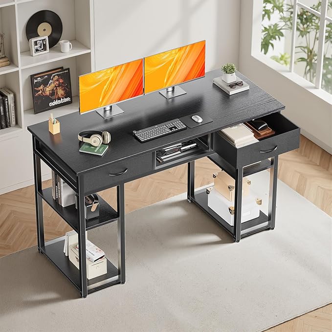 DUMOS 48" Small Computer Home Office Desk for Bedroom with Drawers, Gaming Writing Study Table with Storage Shelf, Adjustable Feet, Metal Frame Black