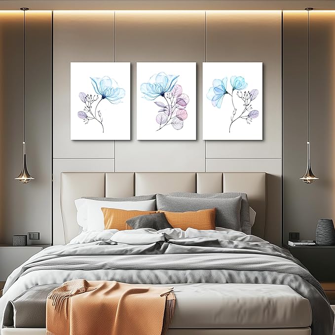Modern blue flowers Canvas Wall Art for bedroom Living Room,Bathroom Wall Decor,3 Panels Wall Painting Home Decoration kitchen Canvas Print Abstract watercolor flowers and leaves artwork wall mural