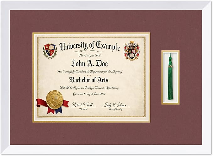 CountryArtHouse Diploma and Tassel Frame Fits 13 x 10 College Diploma (Traditional) with Tas Bright White Genuine Hardwood Shadowbox with Dark Red Over Metallic Gold Double mat
