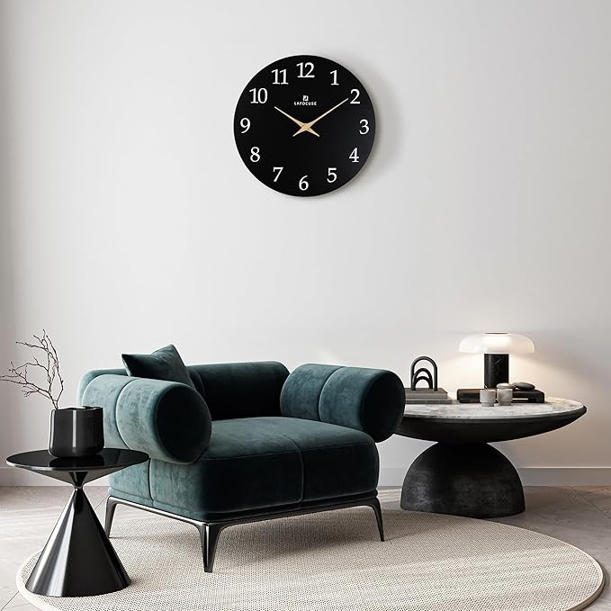Lafocuse 12 Inch Wooden Black Wall Clock Battery Operated Silent Non-Ticking, Modern Simple Wall Clock for Living Room Decor Kitchen Bedroom Office