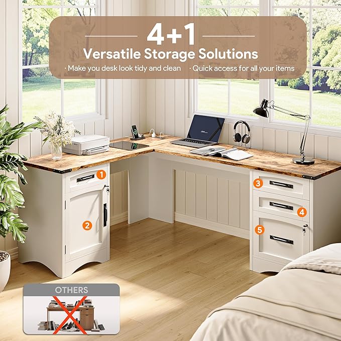 L Shaped Farmhouse Executive Desk with Drawers, 67" Home Office Desks with Fast Charging Station, Lockable File Cabinet, Wood Writing Computer Desk for Work, Study, White