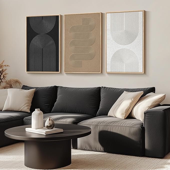 Large Framed Black and White Neutral Abstract Wall Art for Living Room, 3 Piece Boho Canvas Prints Paintings Artwork for Walls, Minimalist Geometric Pictures for Hallway Office Wall Decor 24x36 In