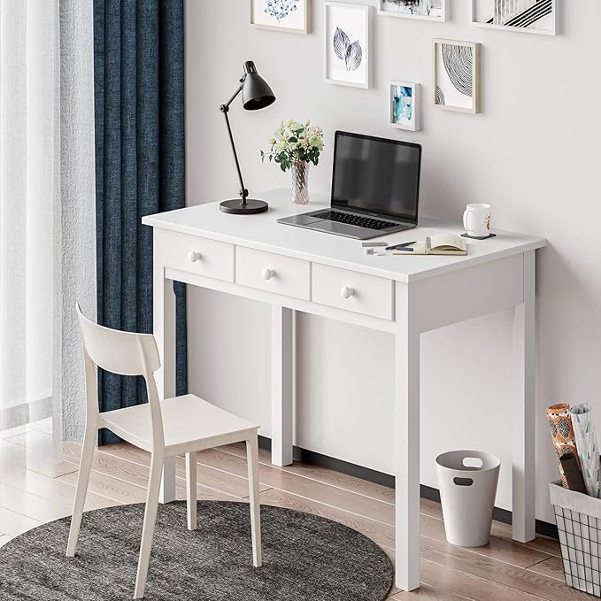 ADORNEVE Writing Desk with 7 Drawers, Home Office Desk with Hutch, Student Desk Study Table, Small White Desks, Solid Pine Wood Legs