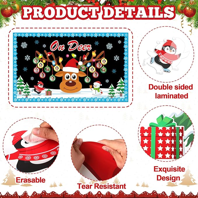 Christmas Reindeer Bulletin Board Set Winter Deer Bulb Classroom Decoration Xmas Large Elk DIY Photo Crafts Cutouts Snowflakes Bulletin Board Border for Holiday Party Classroom Wall Decor