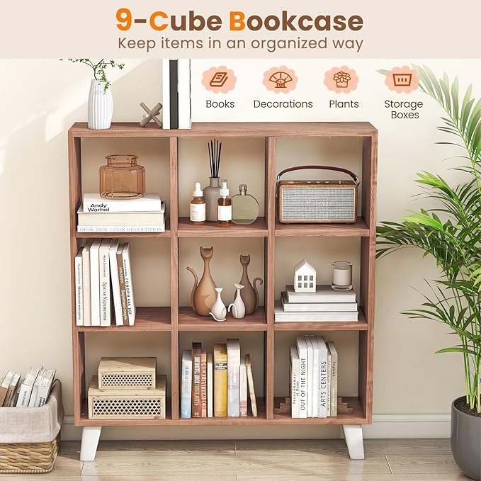 Tangkula 9-Cube Bookcase, Freestanding 3-Tier Bookshelf with 6 Removable Shelves, Open Back DIY Storage Organizer with Raised Support Feet for Living Room Study Office (1, Brown)