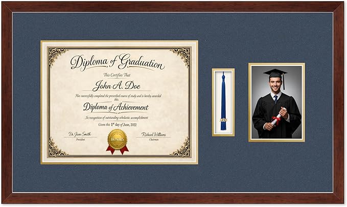 Diploma Tassel and Photo Frame Rustic Walnut Shadowbox Navy Blue Over Gold Mat - Fits 14 x 11 Degree Picture Made in the USA
