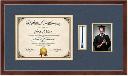 Diploma Tassel and Photo Frame Rustic Walnut Shadowbox Navy Blue Over Gold Mat - Fits 14 x 11 Degree Picture Made in the USA