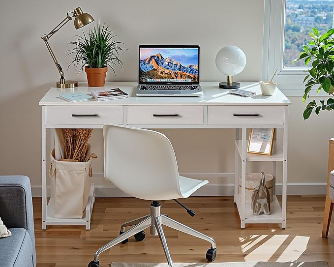 Shahoo Computer Desk with Drawers & Storage Shelves, 48" Modern Writing Table for Home Office, All White