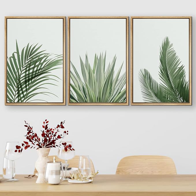 SIGNFORD Framed Canvas Print Wall Art Set Rustic Green Retro Tropical Jungle Plants Nature Wilderness Photography Modern Minimal Scenic Relax/Calm for Living Room, Bedroom, Office - 24"x36"x3 Natural