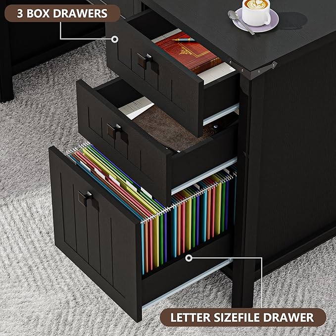 Farmhouse Executive Desk with Drawers - 62" W Farmhouse Computer Desk with Power Outlets & USB Charging, Heavy Duty Storage Desk for Home Office & Study.Black