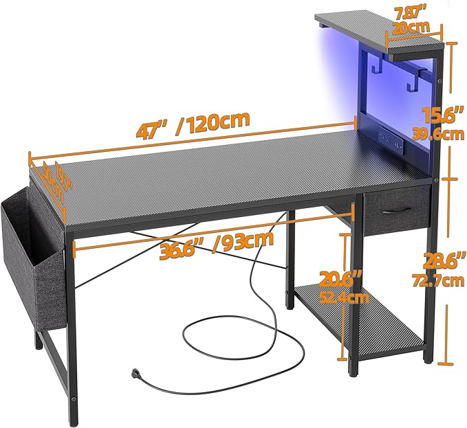 TIQLAB Gaming Desk 47 inch with Power Outlet and LED Light, Computer Desk with Reversible Shelves and Storage Drawer, Small PC Desk for Home Office Table with Bag, Carbon Fiber Black