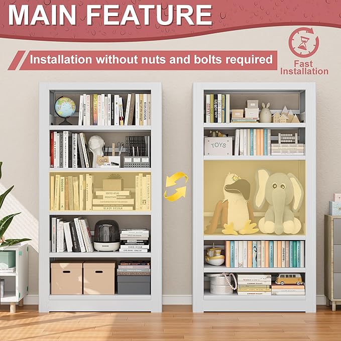 Heavy Duty Metal Bookshelf, 5 Shelf Adjustable Bookcase, 69’’ Tall Modern Bookshelves, Open Book Shelf Organizer, Large Sturdy Book Case for Living Room, Library, Office, White Book Shelf