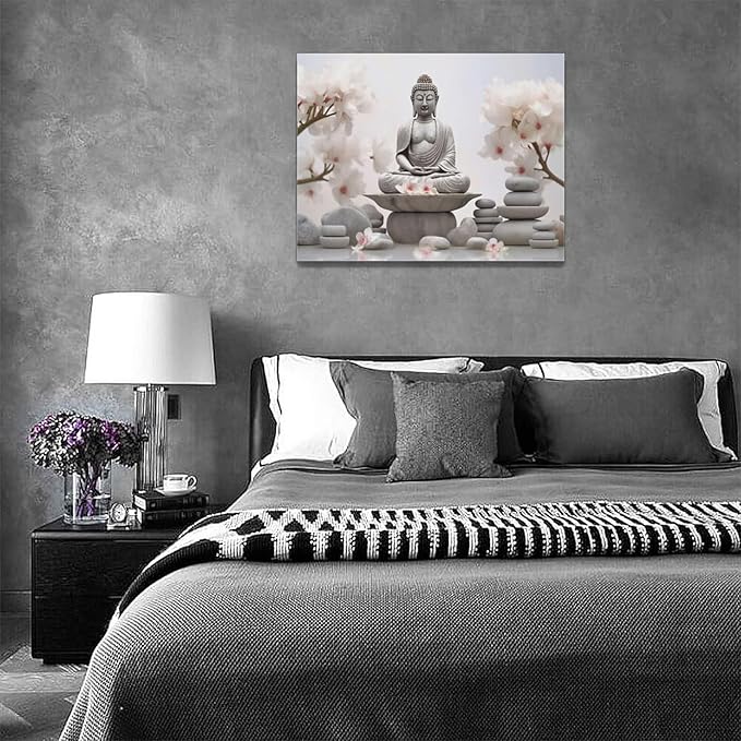 yerretin Buddha Zen Wall Art Buddhist Pictures Wall Decor Blossom Statue Canvas Meditation Painting Modern Artwork Home Decoration for Bathroom Living Room Bedroom Spa Yoga Framed 16"x12"