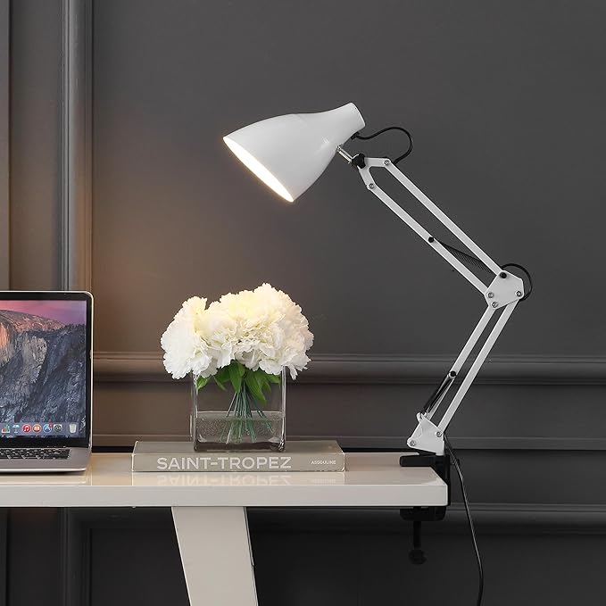 JONATHAN Y 28.5" White Odile Industrial Adjustable Clamp-On LED Task Lamp with Metal Shade, Vintage Articulated Desk Lamp for Home Office Studio, LED Bulb Included (JYL7125C)
