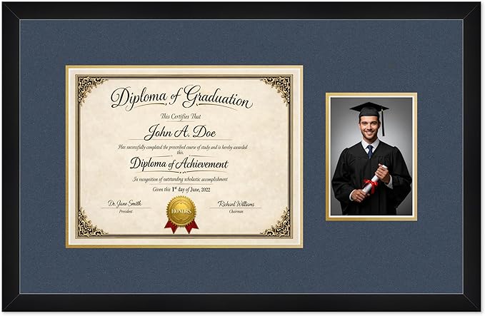 Diploma Frame With Photo Opening Matte Black Navy Blue Over Gold Mat - Fits 13 x 10 Degree and Picture Made in the USA