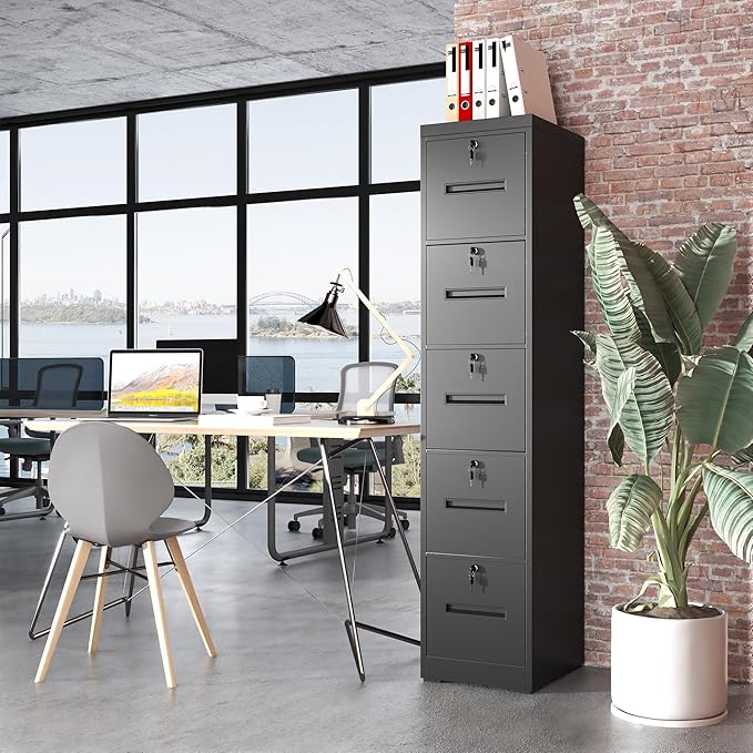 5 Drawer File Cabinet with Lock,Vertical Filing Cabinet with 5 Lockable Drawers,Black Metal File Cabinet for Home Office Steel File Cabinets for A4/Letter/Legal Size File,Assembly Required