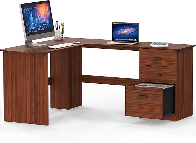SHW 51 x 59 Inches L-Shaped Home Office Wood Corner Desk with Box Box File Drawers, Walnut
