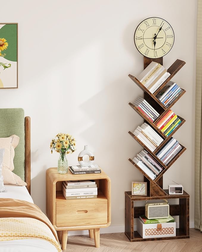 7 Tier Tree Bookshelf with Clock and Storage Cabinet, Small Narrow Floor Standing Bookcase for Bedroom, Living Room, Home Office, Rustic Brown