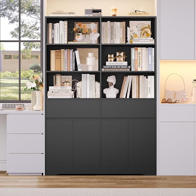 FINETONES 69" Black Bookshelf with Doors, 47.2" Double Wide Bookshelves and Bookcases with Storage, Tall Bookshelf Large Open Book Shelf Standing Book Case for Home Office, Black