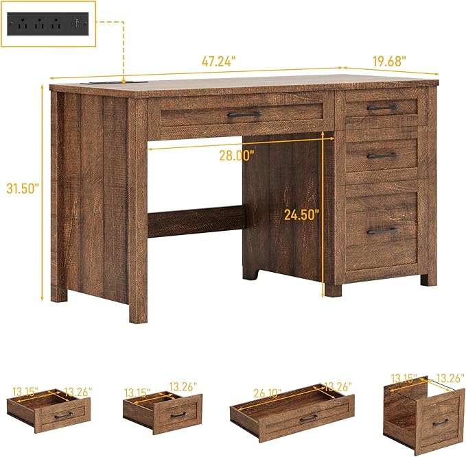 Farmhouse 47" Executive Desk, Computer Desk with File Drawer and Charging Station, Workstation for Home Office, Study.Red-Brown.