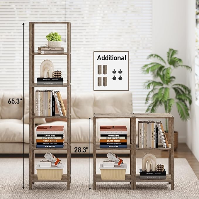 TUTOTAK Bookshelf, 6-Tier Tall Book Shelf, Narrow Bookcase for Small Space, DIY Stackable Bookshelf, for Living Room, Office, Study, Entryway, Industrial, Pure Greige BS01BG006G