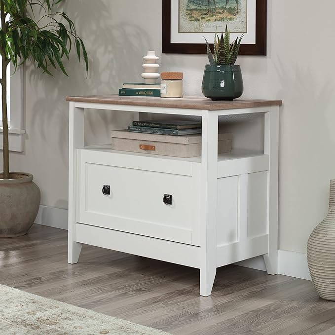Sauder August Hill File Cabinet 1-Drawer with Open Shelf, Legal Size Filing Cabinet - Soft White Finish
