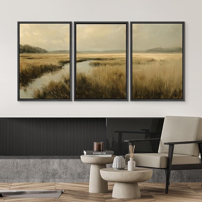 SIGNWIN Framed Canvas Print Wall Art Set Creek Through Golden Grasslands Illustrations Decorative Relax/Calm Zen for Living Room, Bedroom, Office - 24"x36"x3 BLACK
